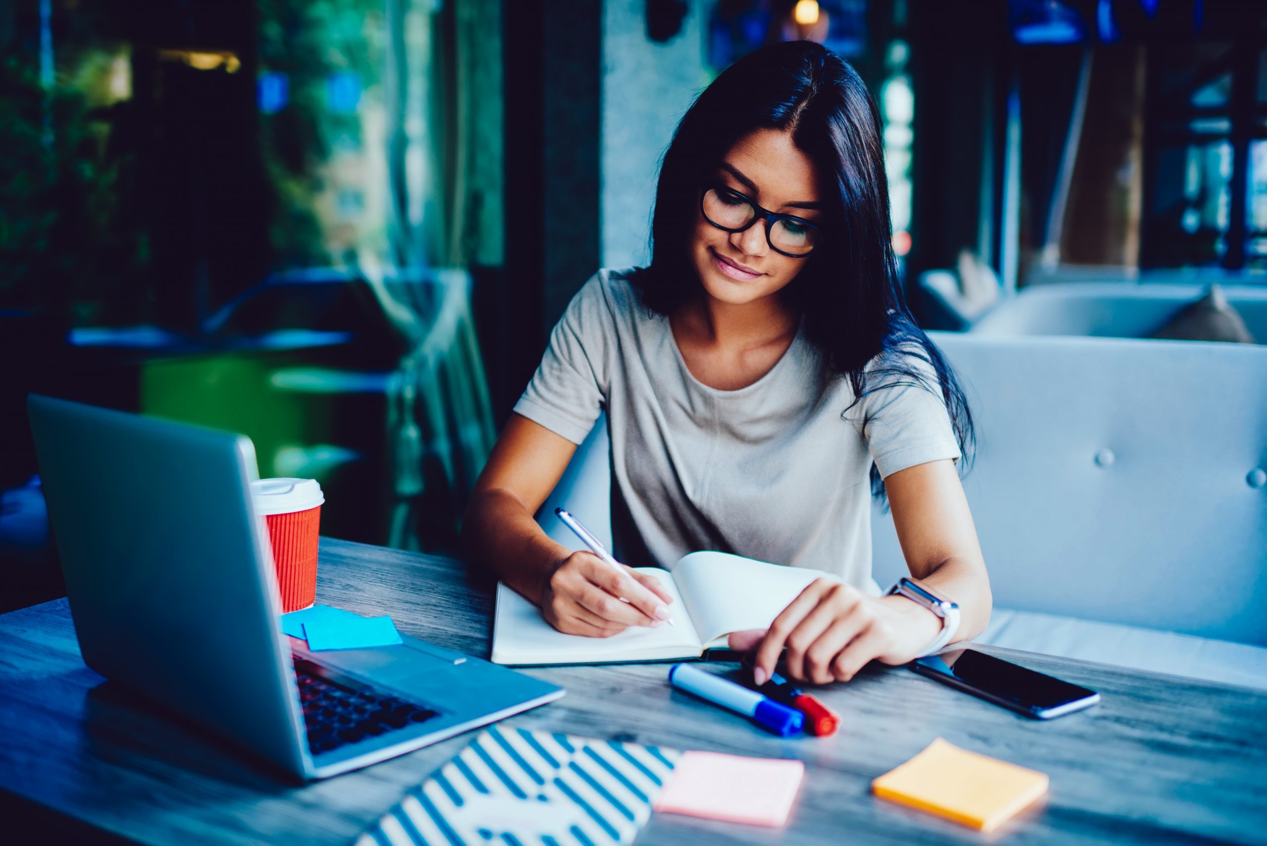 Thoughtful,Clever,Student,Doing,Homework,Project,Sitting,In,Cafe,With